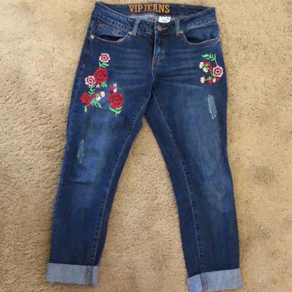 Cropped dark denim floral embroidered design
